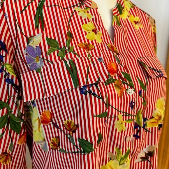 Calvin Klein Vibrant Red & White Striped Floral Button Down Blouse - Picture 3 of 10